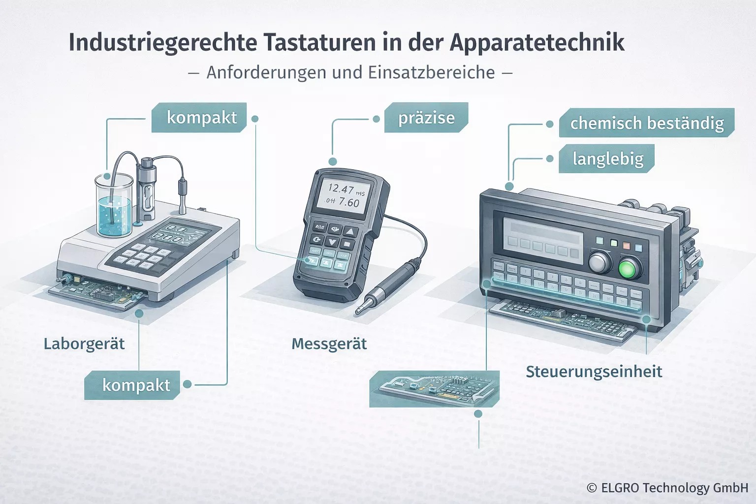 Apparatetechnik Tastatur in Labor-, Mess- und Steuergeräten als kompakte Miniatur-Bedienlösung dargestellt