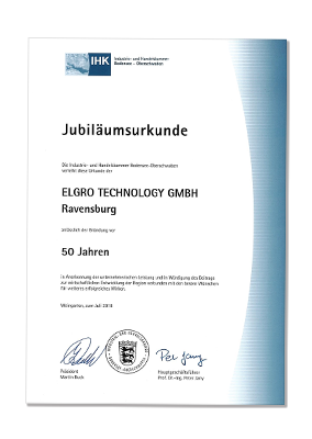 Jubil&auml;umsurkunde ELGRO Technology GmbH
